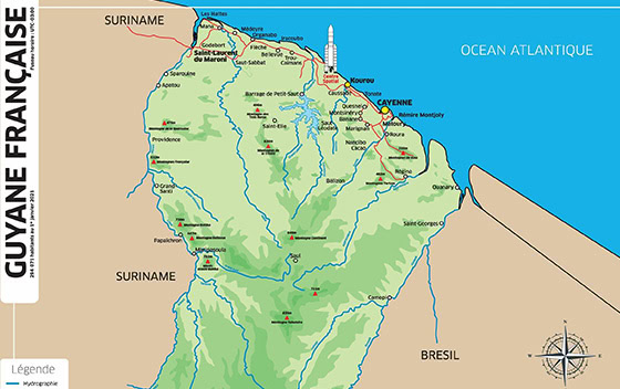 Carte montrant la localisation de la Guyane et de Cayenne
