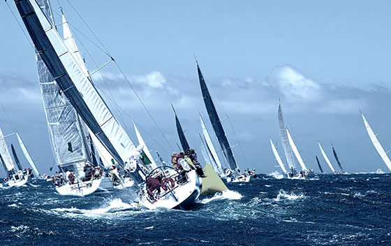Bateau à voile sous des voiles blanches au régate
